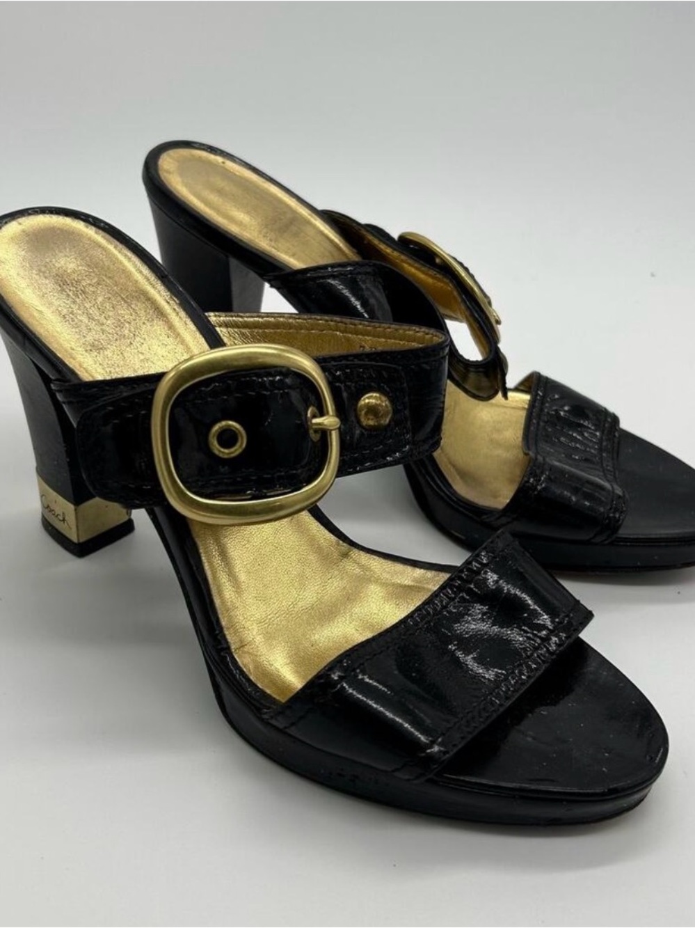 Coach Black Patent Heeled Slide Sandals with Gold Buckle Y2K